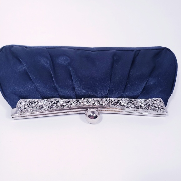 Handbags - Navy Blue Clutch with Etched Design & Rhinestones